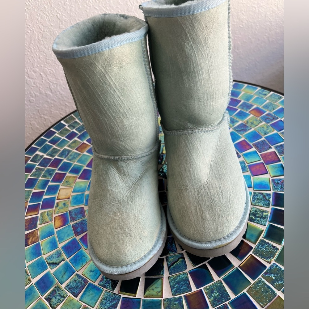 UGG Classic short round toe boots in baby blue.
